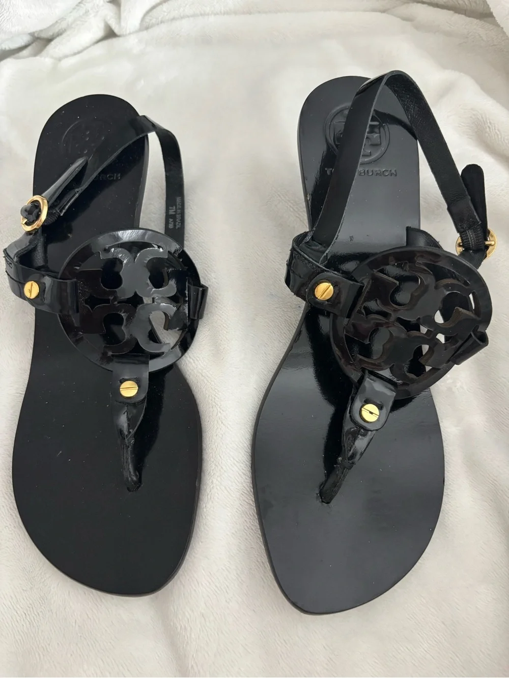 Tory Burch Black Patent Logo Thong Sandals with Gold Hardware